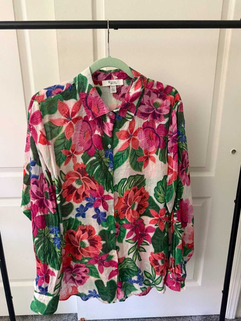 Chapter One Floral Button Front Blouse XL Tropical Pink Green